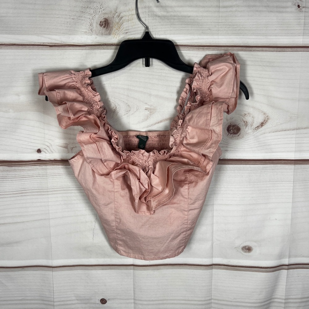 Wild Fable Ruffle‎ Crop Top Womens Small Pink Solid Smocked Cotton Blend Blouse